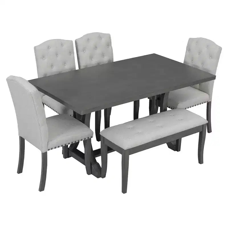 6-Piece Farmhouse Dining Table Set with 4 Upholstered Chairs and Bench for Dining Room