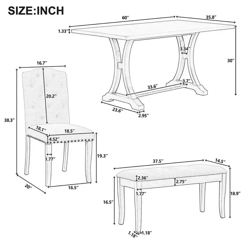 6-Piece Farmhouse Dining Table Set with 4 Upholstered Chairs and Bench for Dining Room