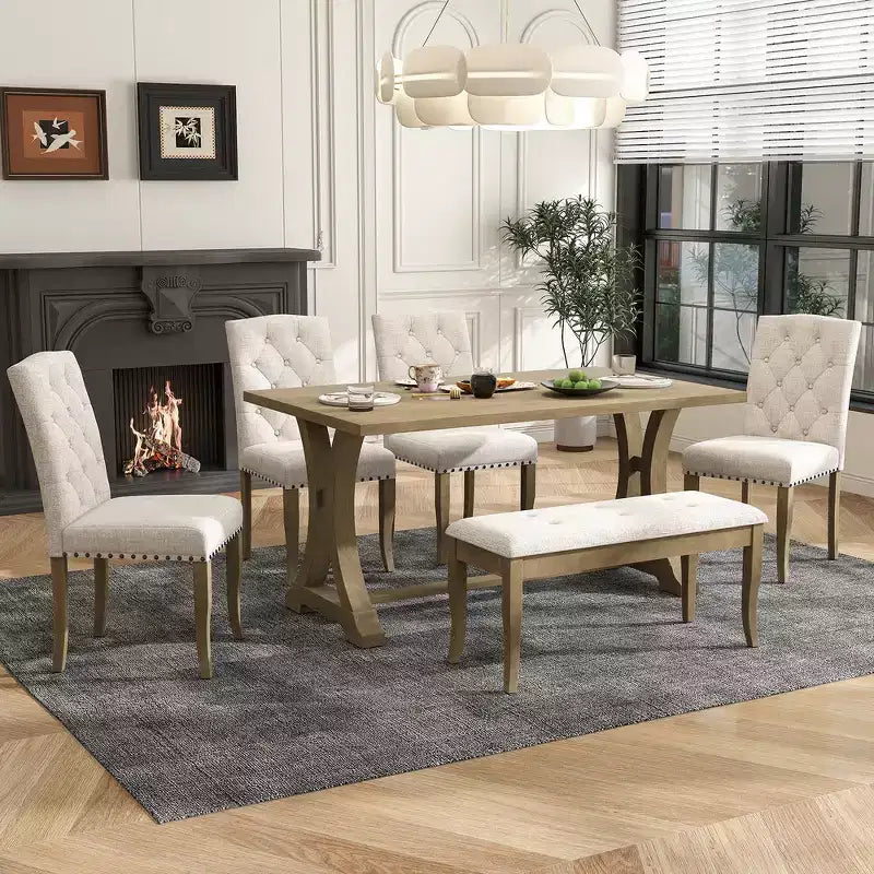 6-Piece Farmhouse Dining Table Set with 4 Upholstered Chairs and Bench for Dining Room