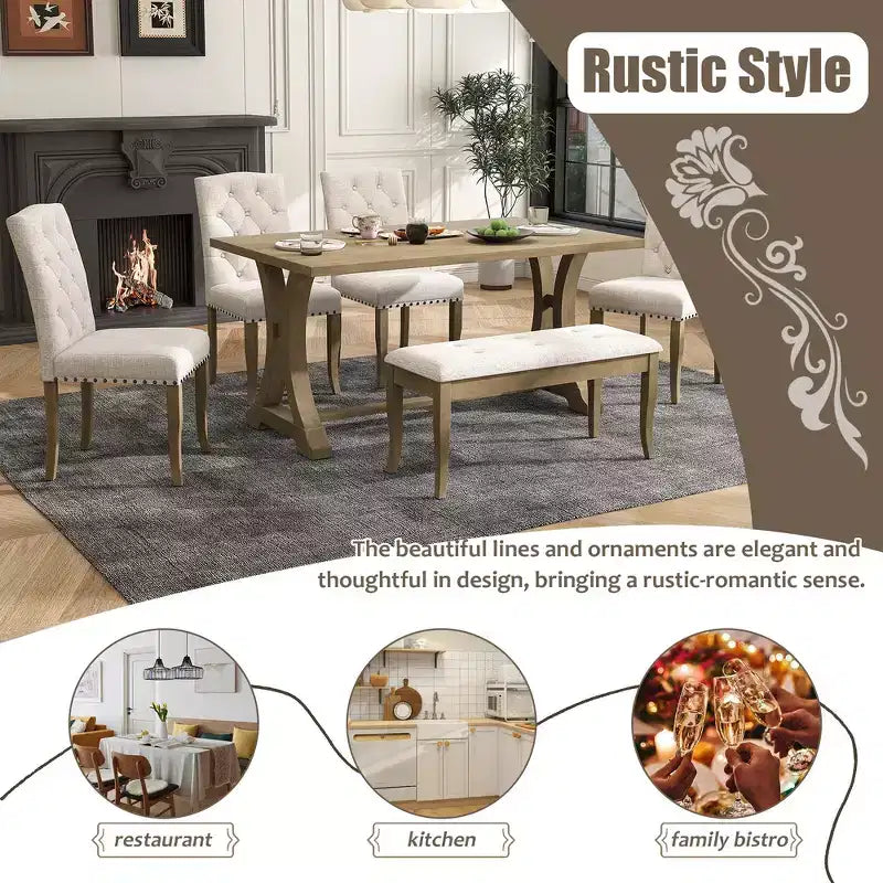 6-Piece Farmhouse Dining Table Set with 4 Upholstered Chairs and Bench for Dining Room