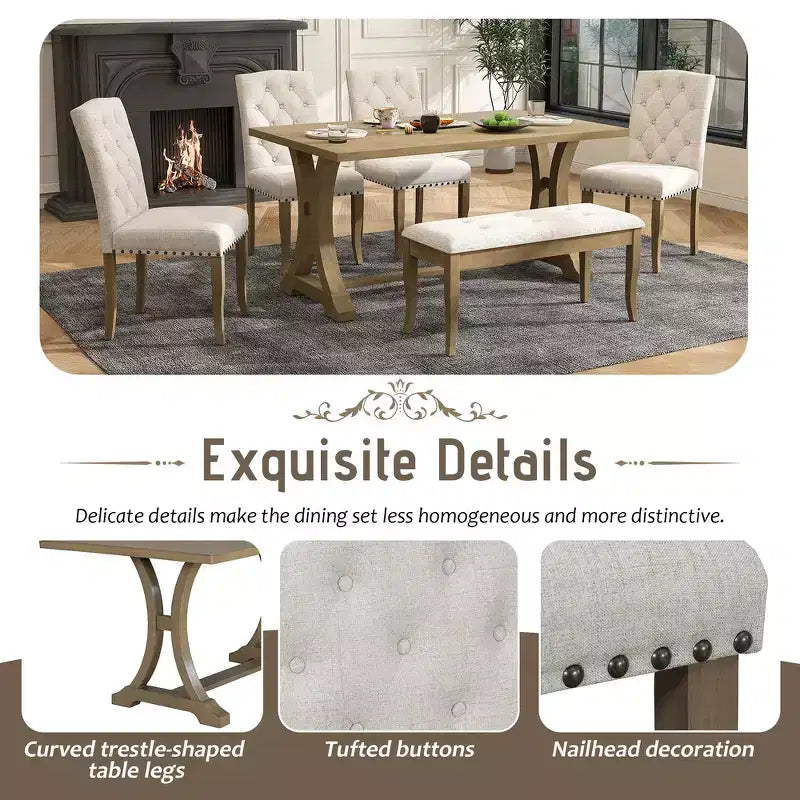 6-Piece Farmhouse Dining Table Set with 4 Upholstered Chairs and Bench for Dining Room
