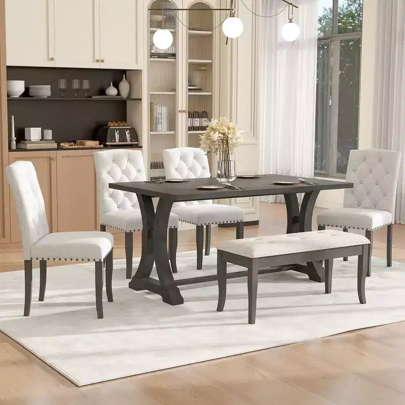 6-Piece Farmhouse Dining Table Set with 4 Upholstered Chairs and Bench for Dining Room