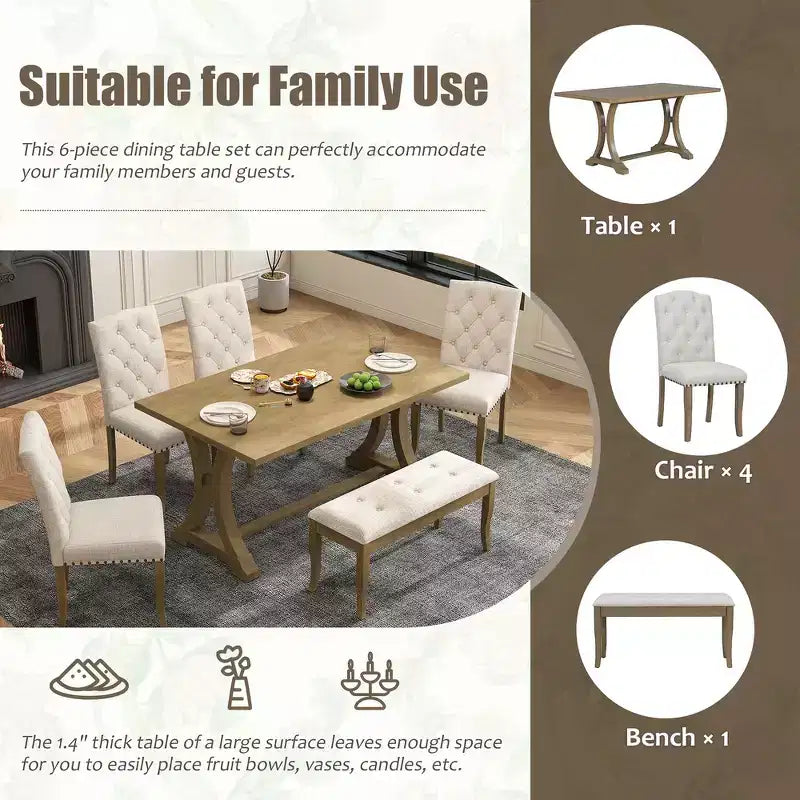 6-Piece Farmhouse Dining Table Set with 4 Upholstered Chairs and Bench for Dining Room