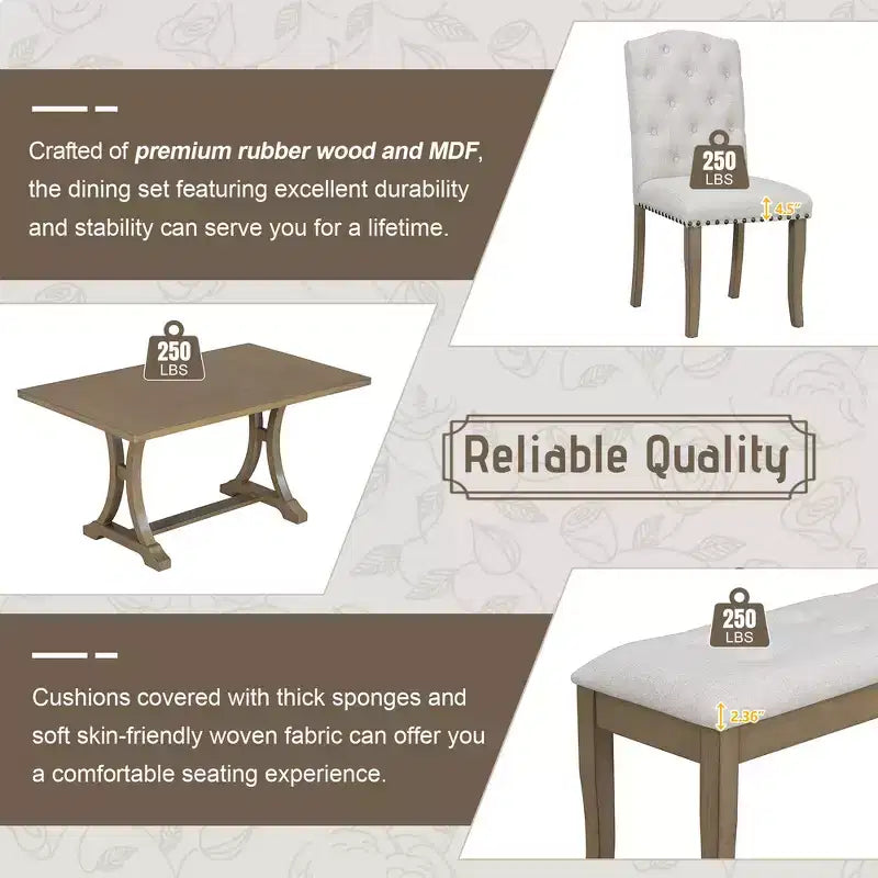 6-Piece Farmhouse Dining Table Set with 4 Upholstered Chairs and Bench for Dining Room