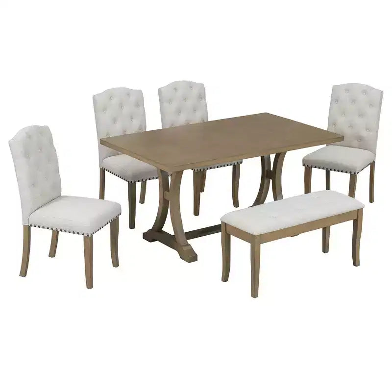 6-Piece Farmhouse Dining Table Set with 4 Upholstered Chairs and Bench for Dining Room