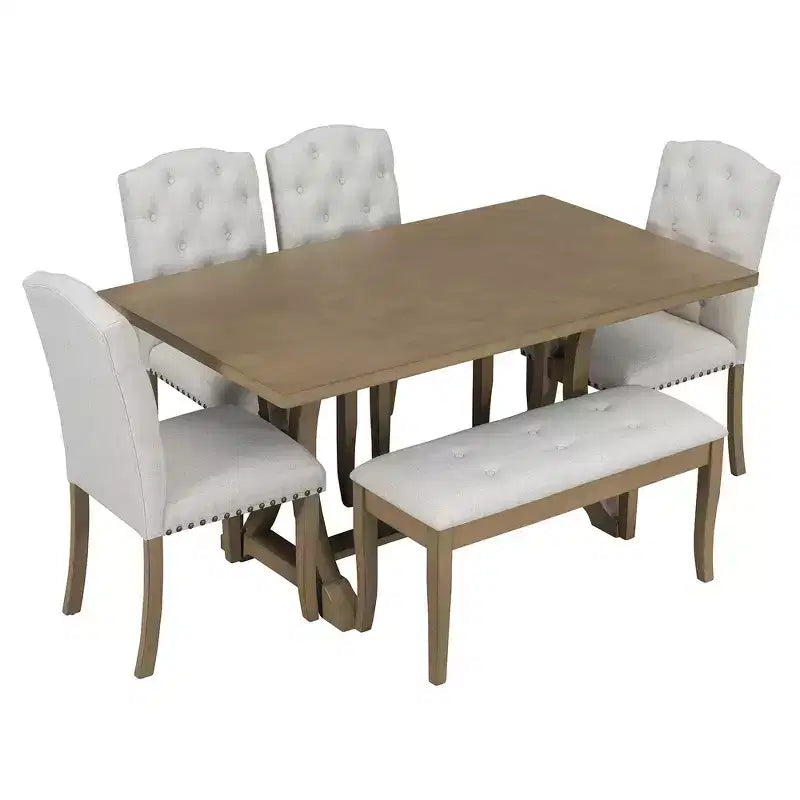 6-Piece Farmhouse Dining Table Set with 4 Upholstered Chairs and Bench for Dining Room