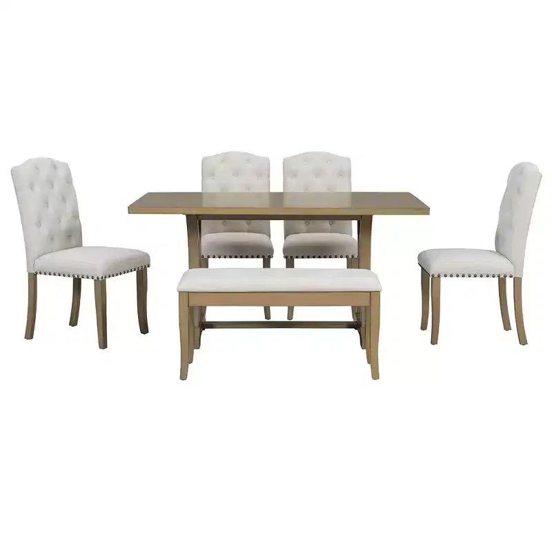 6-Piece Farmhouse Dining Table Set with 4 Upholstered Chairs and Bench for Dining Room