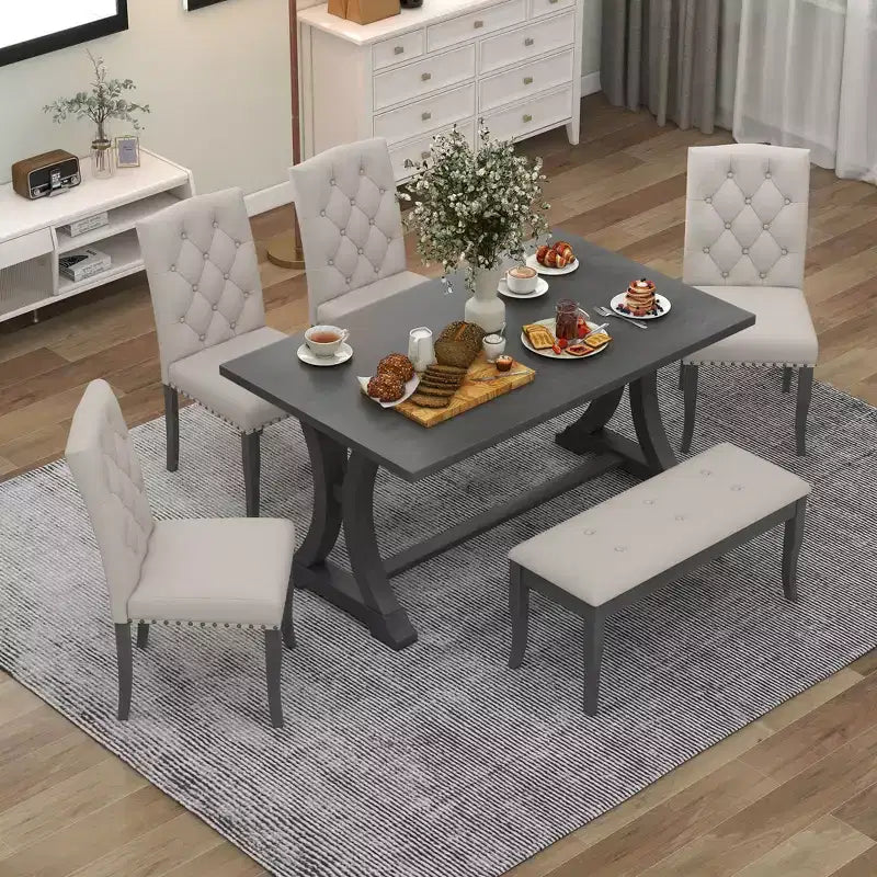 6-Piece Farmhouse Dining Table Set with 4 Upholstered Chairs and Bench for Dining Room