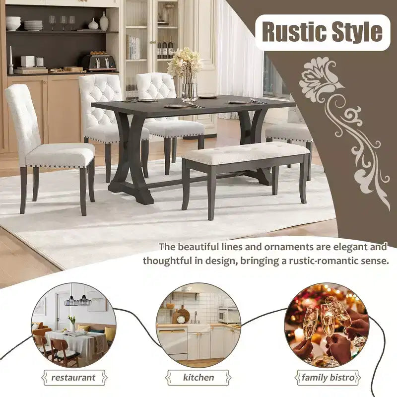 6-Piece Farmhouse Dining Table Set with 4 Upholstered Chairs and Bench for Dining Room