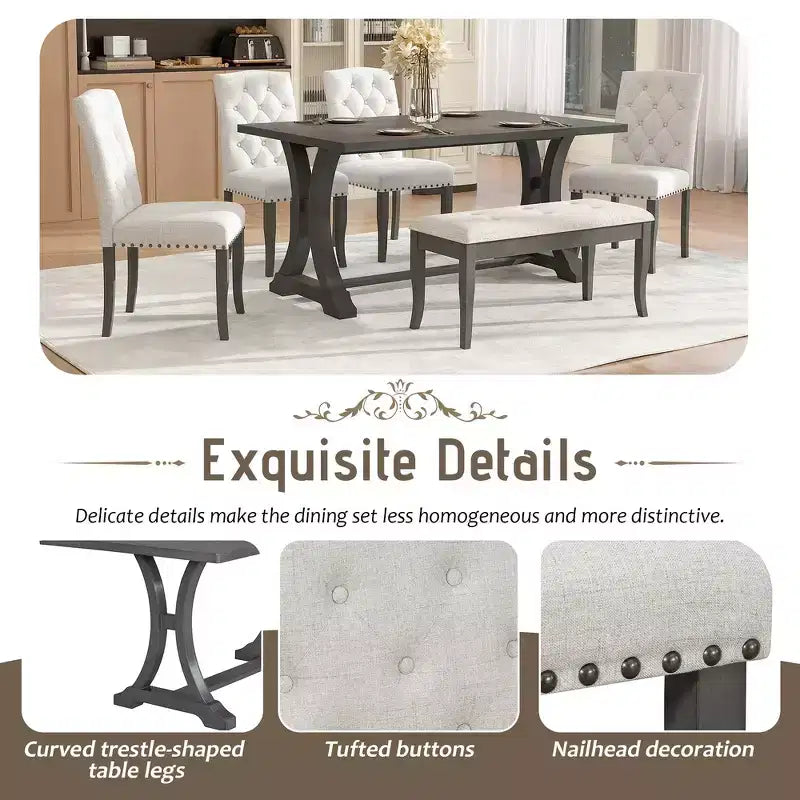 6-Piece Farmhouse Dining Table Set with 4 Upholstered Chairs and Bench for Dining Room