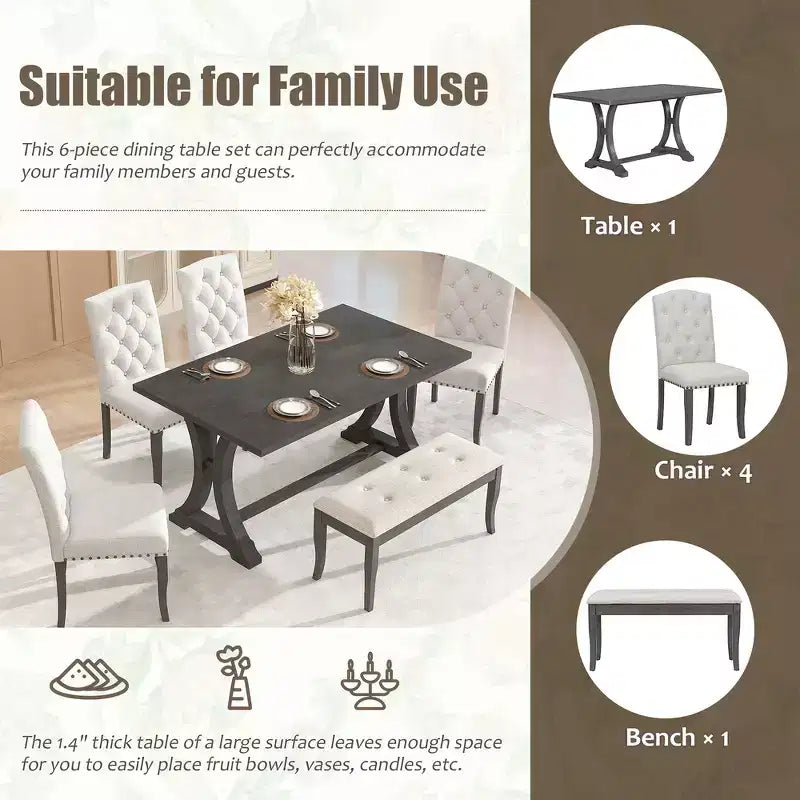 6-Piece Farmhouse Dining Table Set with 4 Upholstered Chairs and Bench for Dining Room
