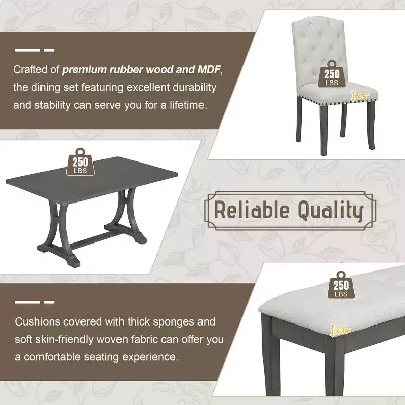 6-Piece Farmhouse Dining Table Set with 4 Upholstered Chairs and Bench for Dining Room