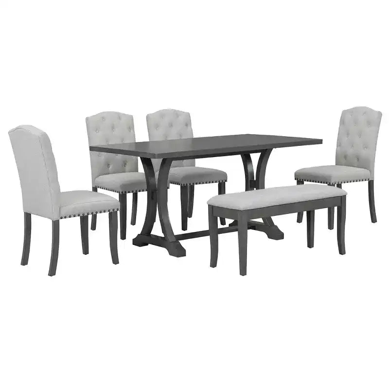 6-Piece Farmhouse Dining Table Set with 4 Upholstered Chairs and Bench for Dining Room