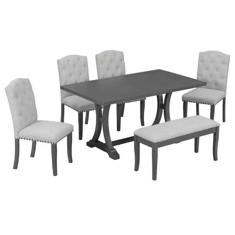 6-Piece Farmhouse Dining Table Set with 4 Upholstered Chairs and Bench for Dining Room