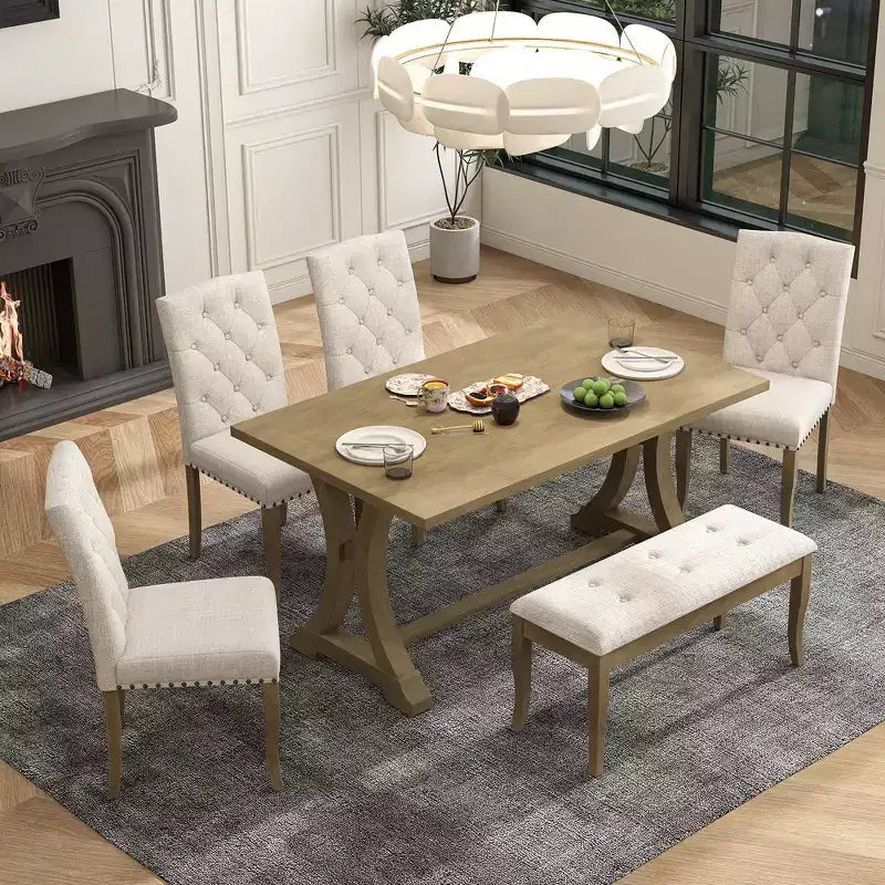 6-Piece Farmhouse Dining Table Set with 4 Upholstered Chairs and Bench for Dining Room