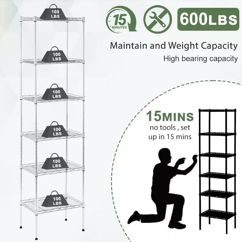 6-Tier Wire Shelf Unit Heavy-Duty Metal Shelving with Stable Base for Organizing Books Toys Clothes Kitchenware