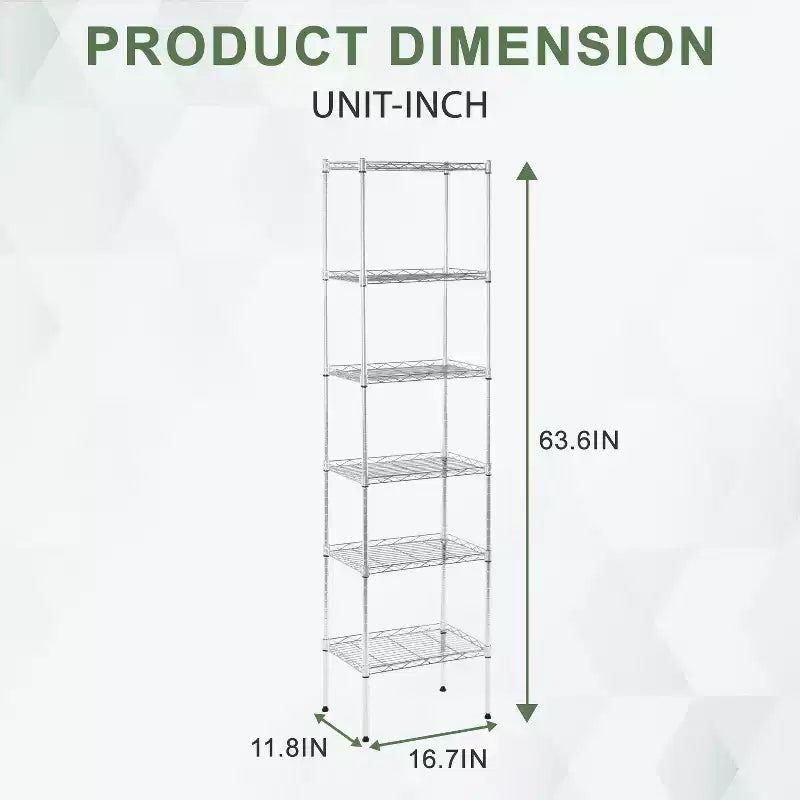 6-Tier Wire Shelf Unit Heavy-Duty Metal Shelving with Stable Base for Organizing Books Toys Clothes Kitchenware