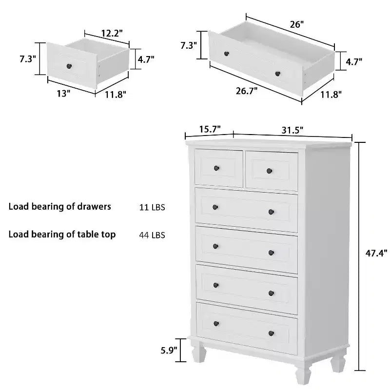 White Classic 6 Drawer Dresser with Sturdy Legs and Metal Handles