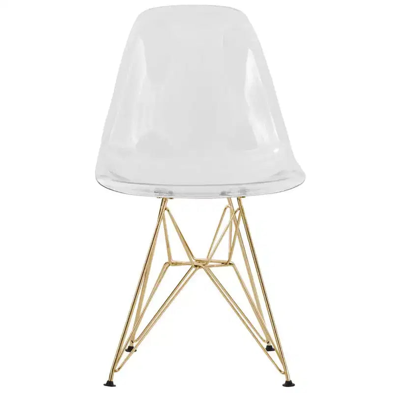 Modern Acrylic Dining Chair with Eiffel Gold Chrome Base, Stylish Accent Chair for Contemporary Dining Room, Kitchen, or Office