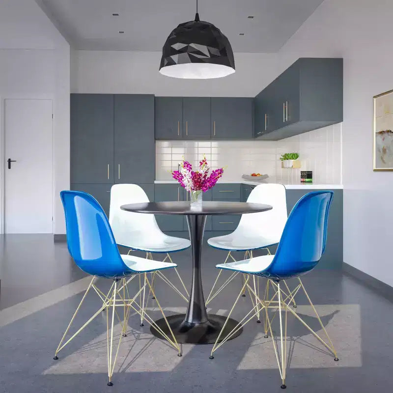 Modern Acrylic Dining Chair with Eiffel Gold Chrome Base, Stylish Accent Chair for Contemporary Dining Room, Kitchen, or Office