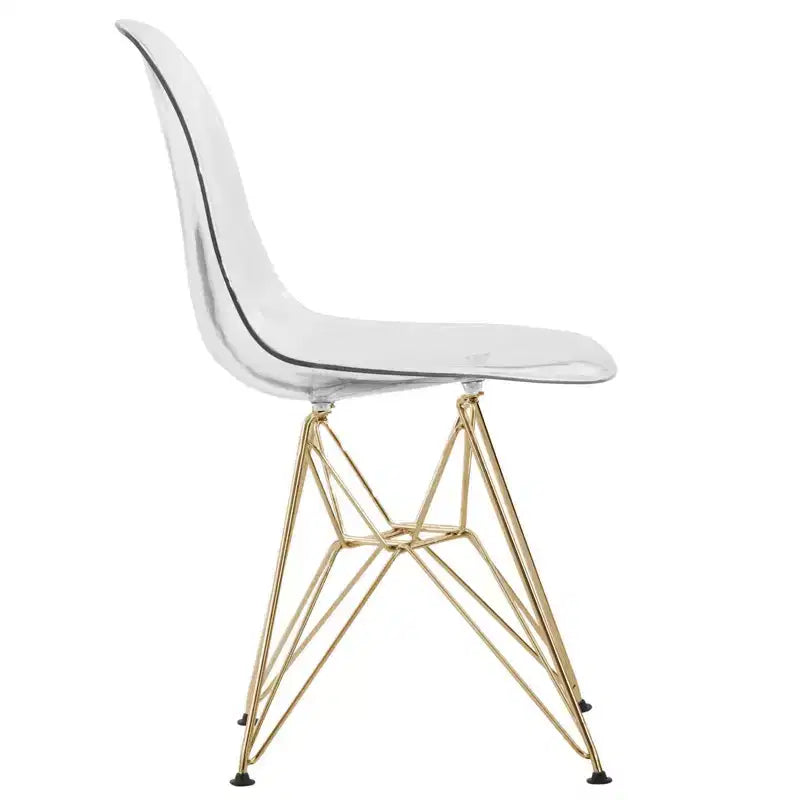 Modern Acrylic Dining Chair with Eiffel Gold Chrome Base, Stylish Accent Chair for Contemporary Dining Room, Kitchen, or Office