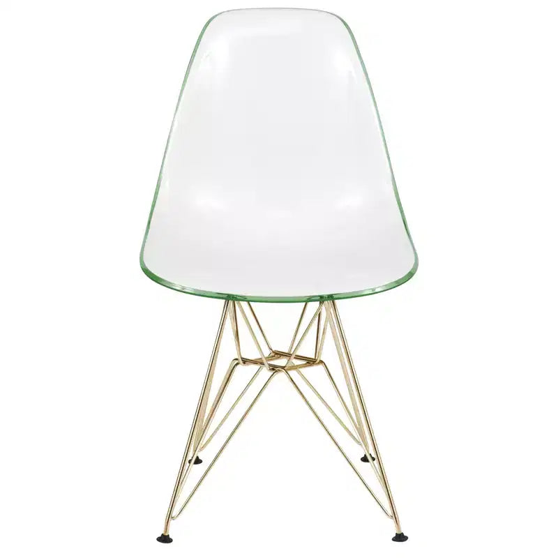 Modern Acrylic Dining Chair with Eiffel Gold Chrome Base, Stylish Accent Chair for Contemporary Dining Room, Kitchen, or Office
