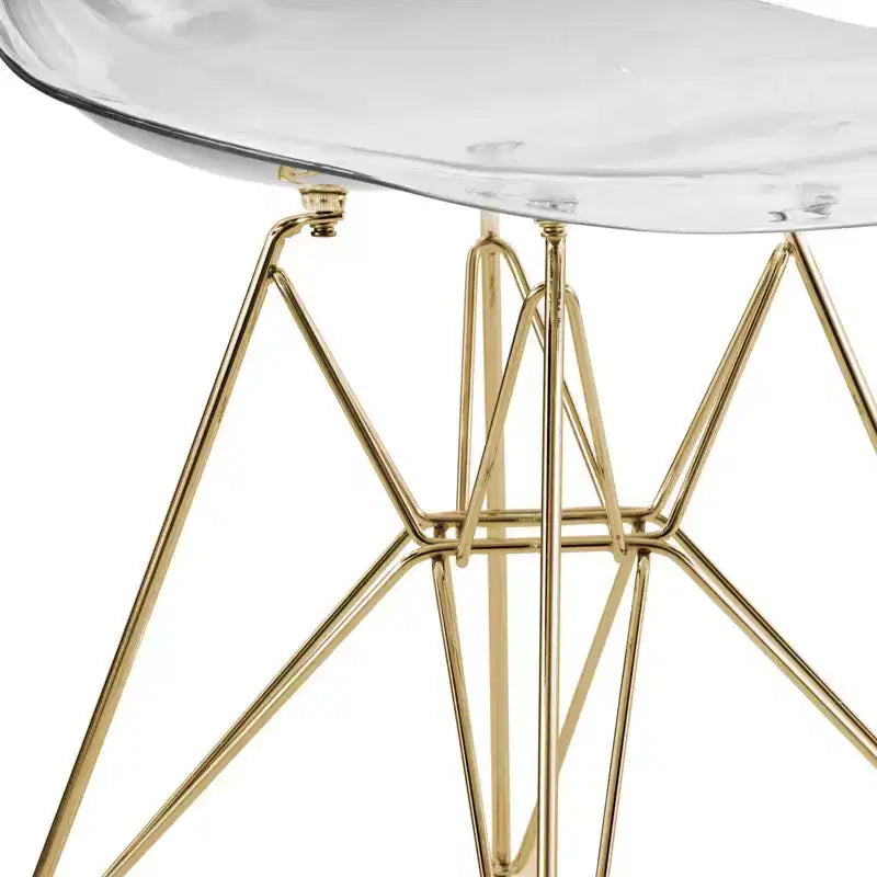 Modern Acrylic Dining Chair with Eiffel Gold Chrome Base, Stylish Accent Chair for Contemporary Dining Room, Kitchen, or Office