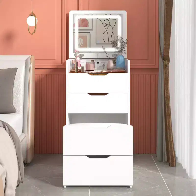 White Foldable Vanity Table with Storage One-Piece Design Top Jewelry Storage