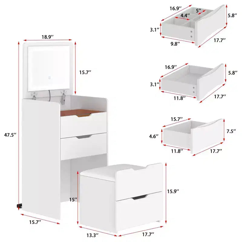 White Foldable Vanity Table with Storage One-Piece Design Top Jewelry Storage