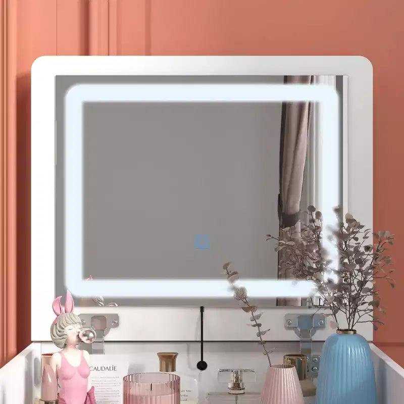 White Foldable Vanity Table with Storage One-Piece Design Top Jewelry Storage