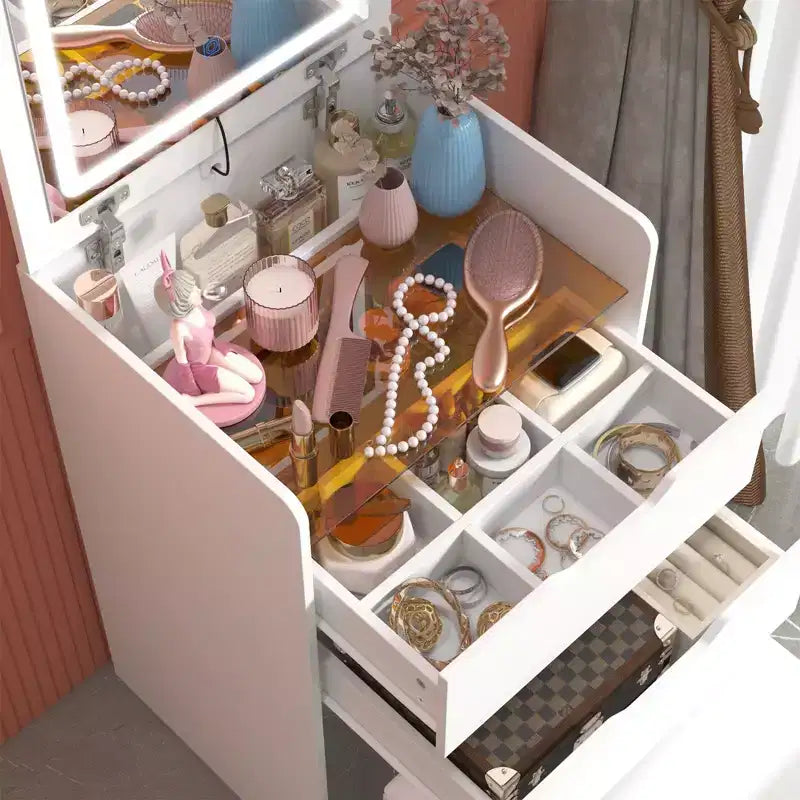 White Foldable Vanity Table with Storage One-Piece Design Top Jewelry Storage