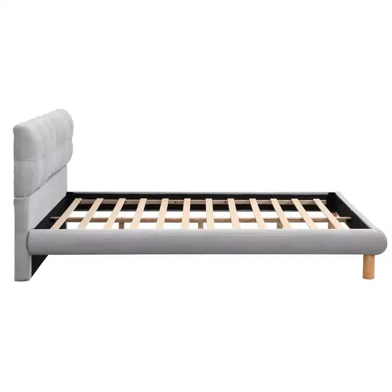 Modern Chenille Upholstered Platform Bed with Rubberwood Frame and Headboard