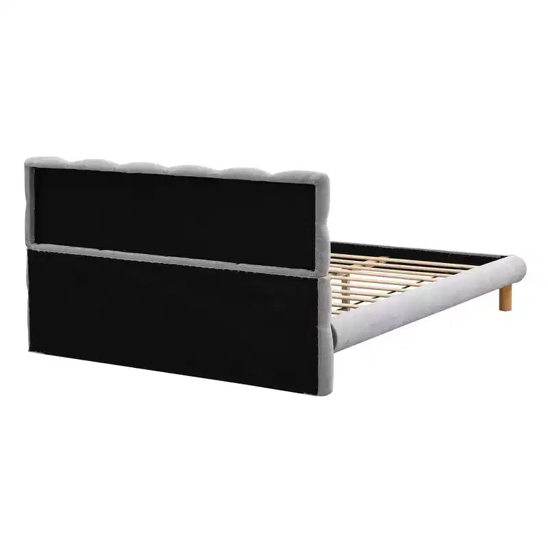 Modern Chenille Upholstered Platform Bed with Rubberwood Frame and Headboard