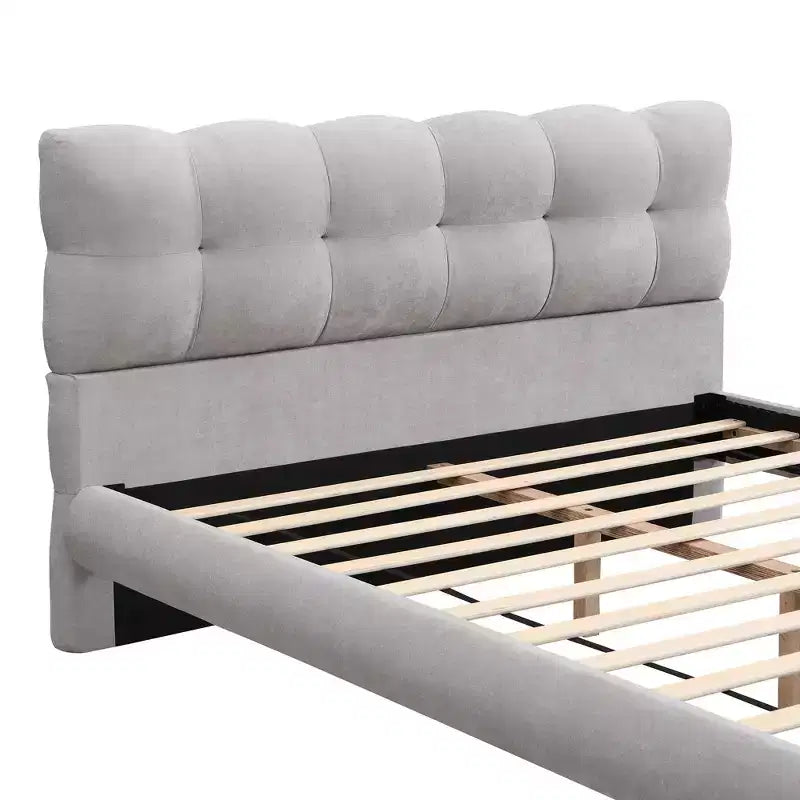 Modern Chenille Upholstered Platform Bed with Rubberwood Frame and Headboard