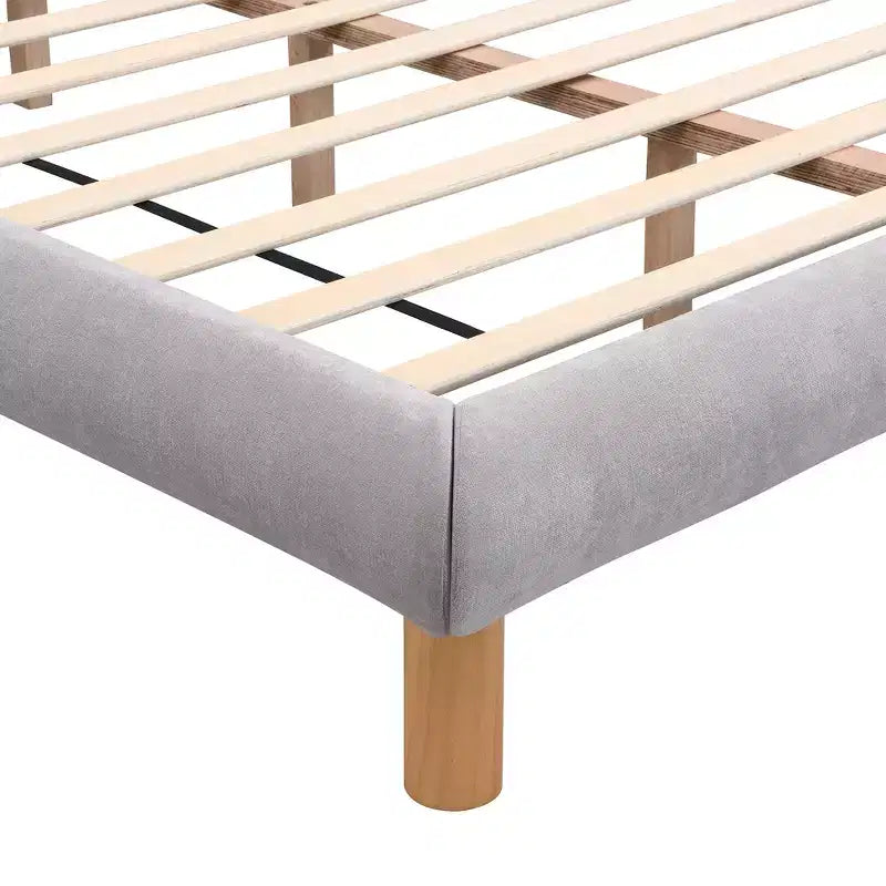 Modern Chenille Upholstered Platform Bed with Rubberwood Frame and Headboard