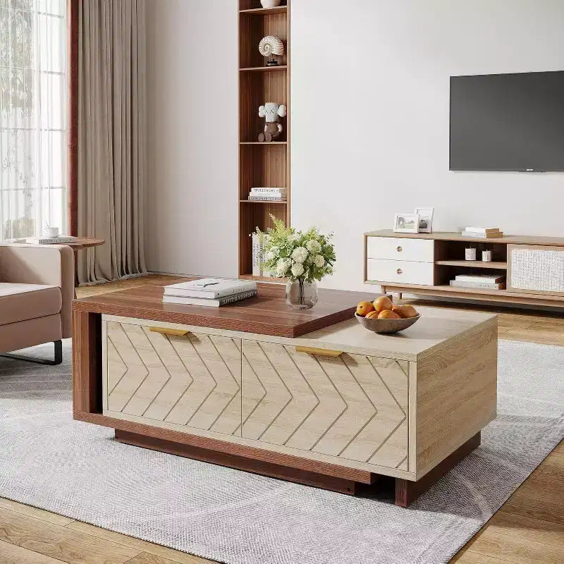 Extendable Coffee Table, 42-65 Adjustable Reversible Wood Center Table with 2 Storage Drawers for Living Room