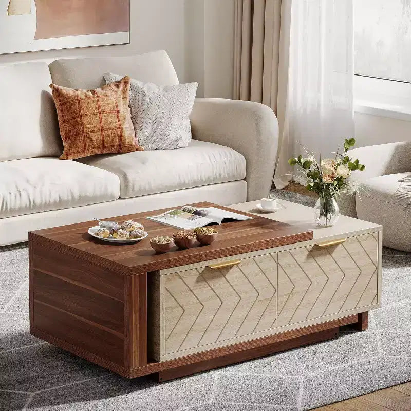 Extendable Coffee Table, 42-65 Adjustable Reversible Wood Center Table with 2 Storage Drawers for Living Room