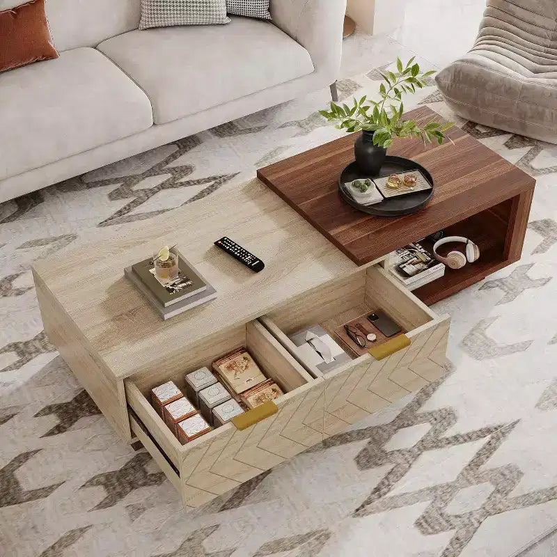 Extendable Coffee Table, 42-65 Adjustable Reversible Wood Center Table with 2 Storage Drawers for Living Room