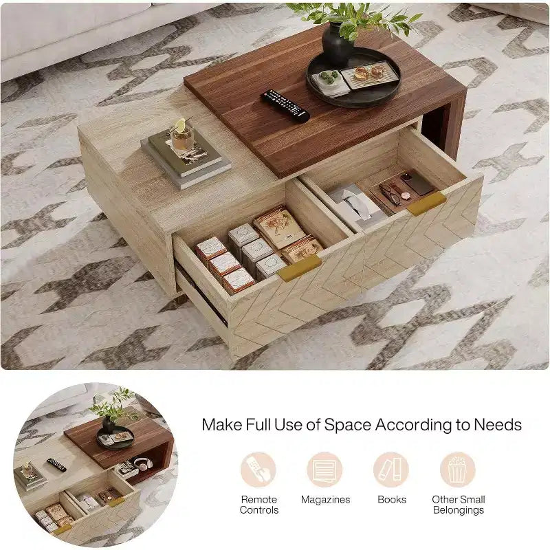 Extendable Coffee Table, 42-65 Adjustable Reversible Wood Center Table with 2 Storage Drawers for Living Room