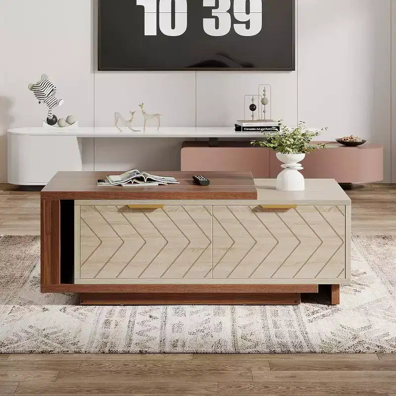 Extendable Coffee Table, 42-65 Adjustable Reversible Wood Center Table with 2 Storage Drawers for Living Room