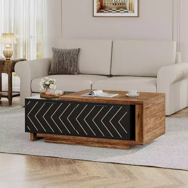 Extendable Coffee Table, 42-65 Adjustable Reversible Wood Center Table with 2 Storage Drawers for Living Room