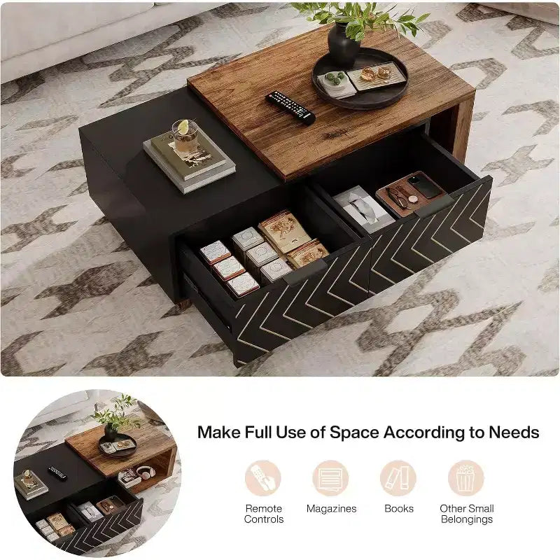 Extendable Coffee Table, 42-65 Adjustable Reversible Wood Center Table with 2 Storage Drawers for Living Room