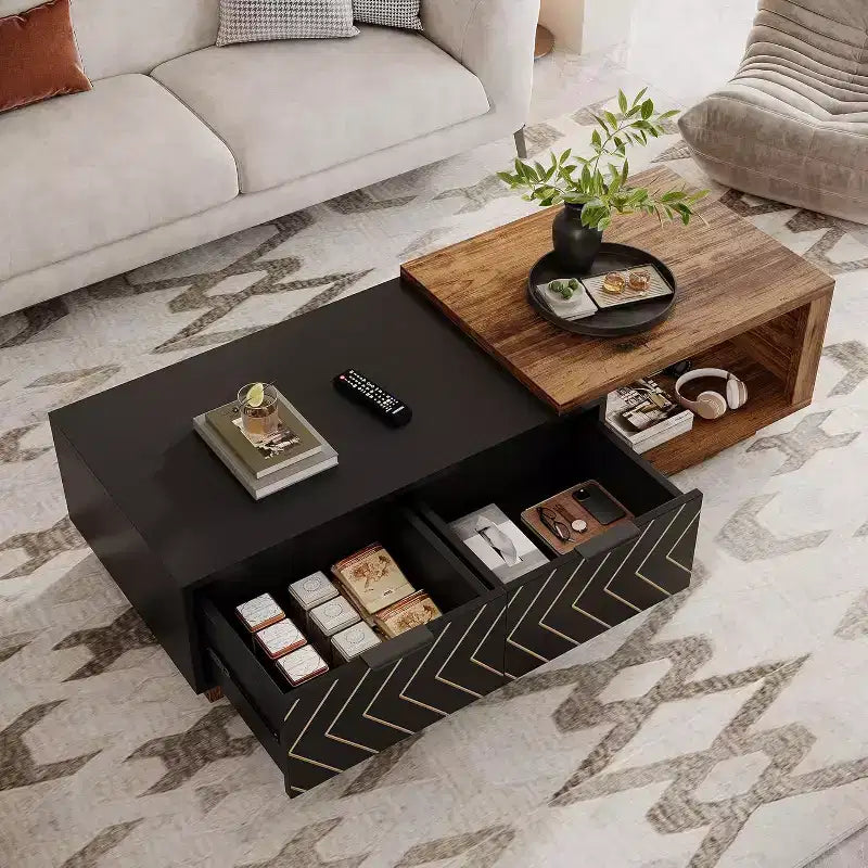 Extendable Coffee Table, 42-65 Adjustable Reversible Wood Center Table with 2 Storage Drawers for Living Room