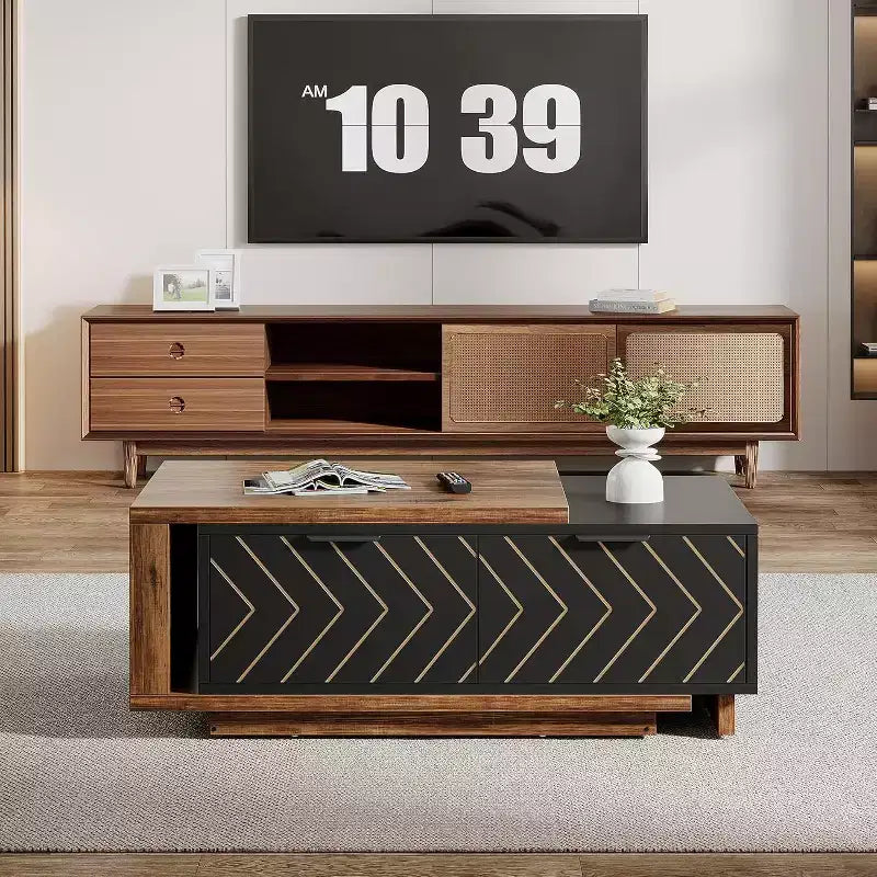 Extendable Coffee Table, 42-65 Adjustable Reversible Wood Center Table with 2 Storage Drawers for Living Room