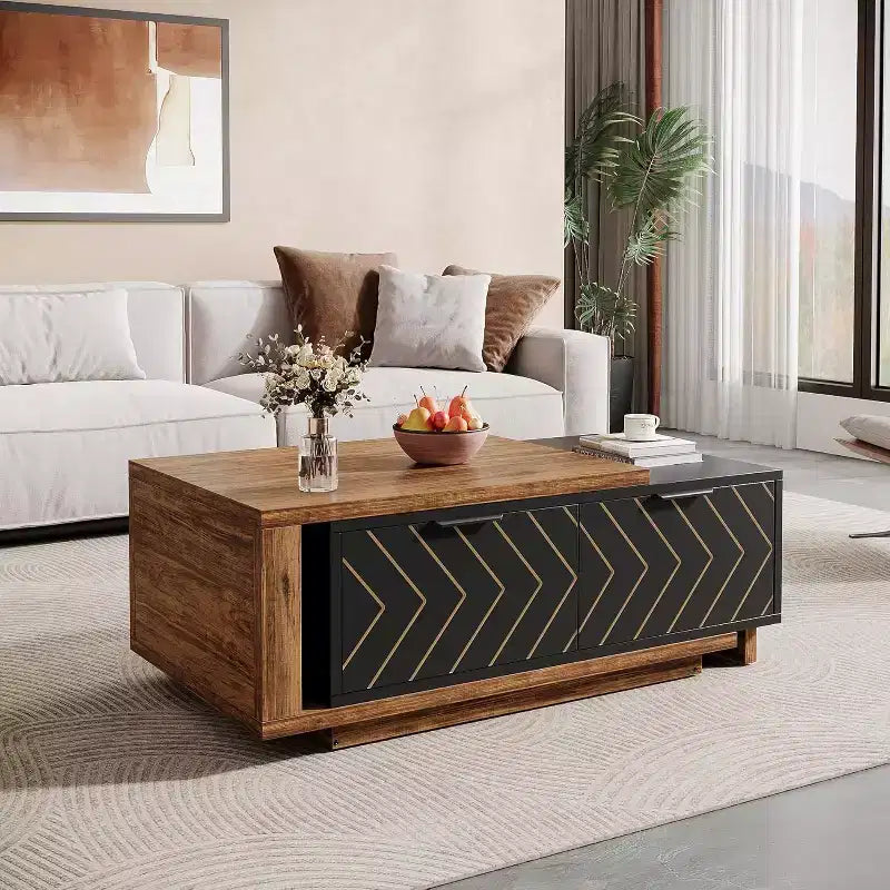 Extendable Coffee Table, 42-65 Adjustable Reversible Wood Center Table with 2 Storage Drawers for Living Room