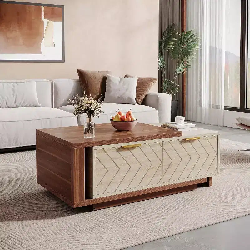 Extendable Coffee Table, 42-65 Adjustable Reversible Wood Center Table with 2 Storage Drawers for Living Room