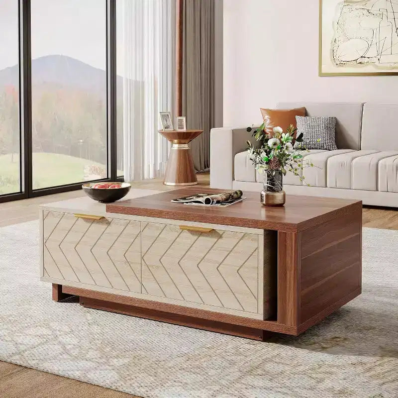 Extendable Coffee Table, 42-65 Adjustable Reversible Wood Center Table with 2 Storage Drawers for Living Room