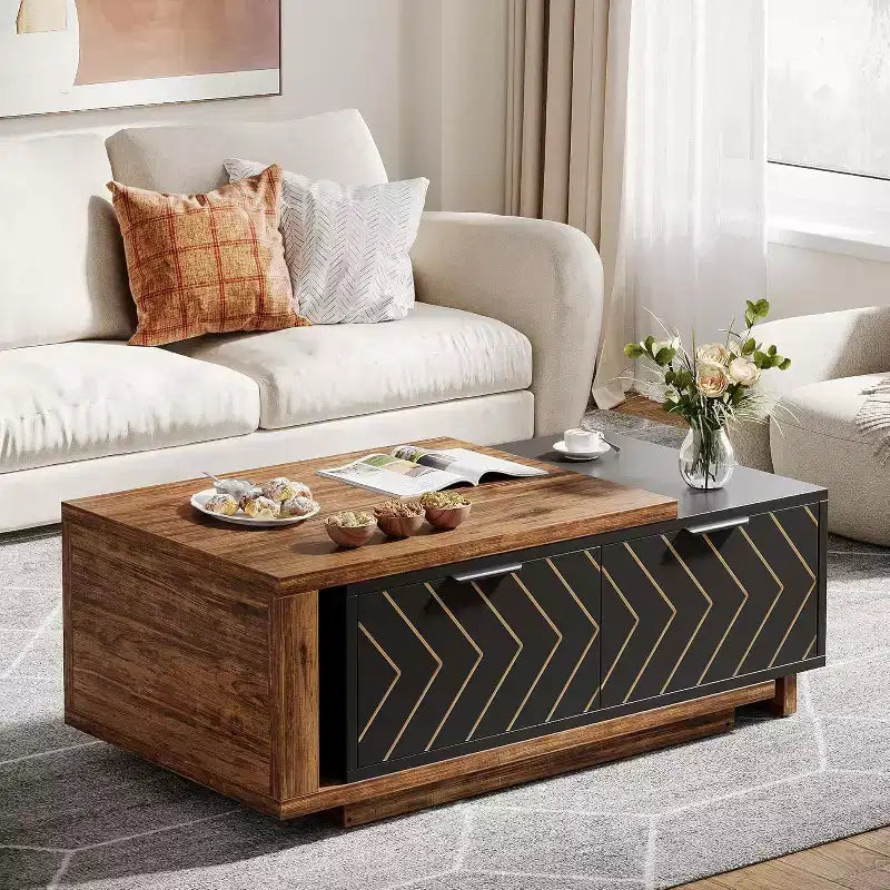 Extendable Coffee Table, 42-65 Adjustable Reversible Wood Center Table with 2 Storage Drawers for Living Room