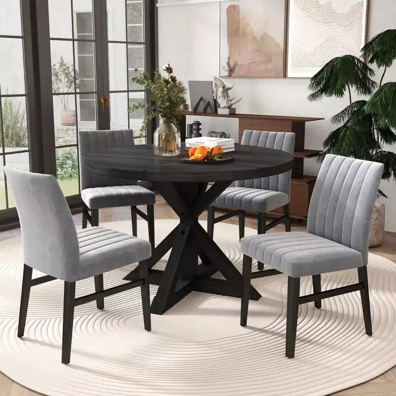 5-Piece Round Dining Set, Cross-Buck Round Table with 4 Side Chairs