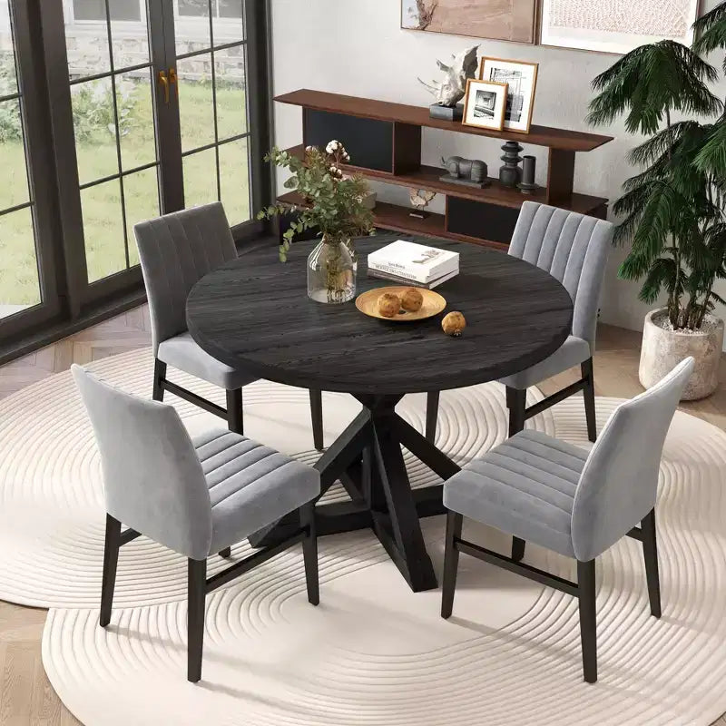 5-Piece Round Dining Set, Cross-Buck Round Table with 4 Side Chairs